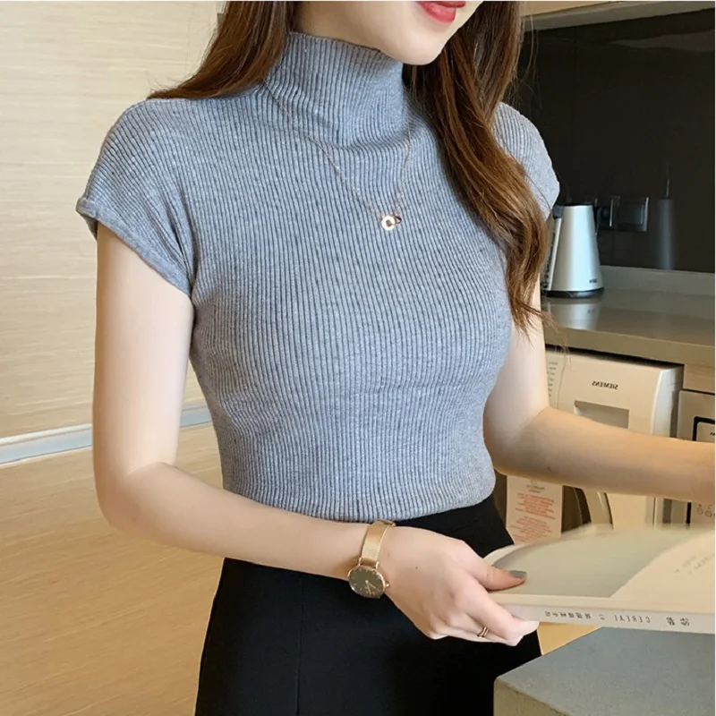 

Spring Summer New Half High Neck Knitting Bottom Shirt Women Short-Sleeved Knit Sweater With Tight-Fitting Sweaters Slim Top