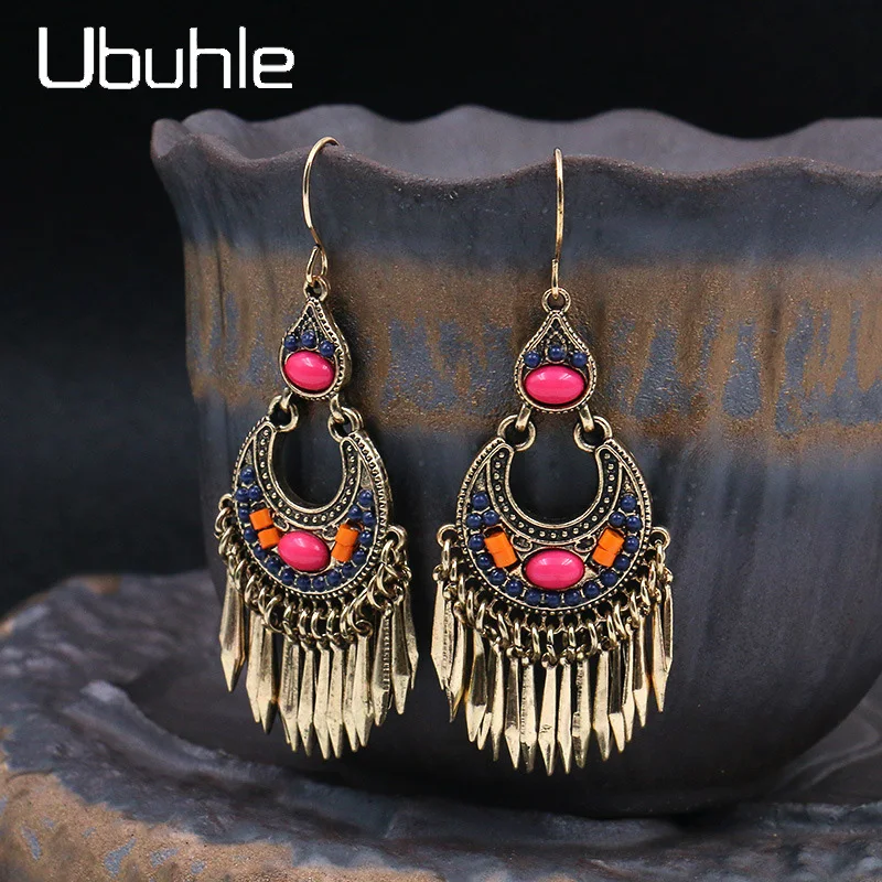 Богемные винтажные этнические длинные висячие серьги с синими бусинами золотые