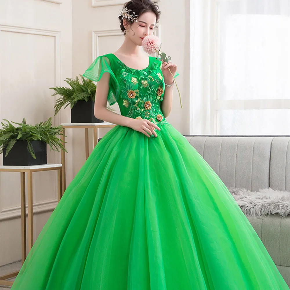 

Green Quinceanera Dresses Soft Tulle Lace Appliqued Girls Party Dress With Sleeves