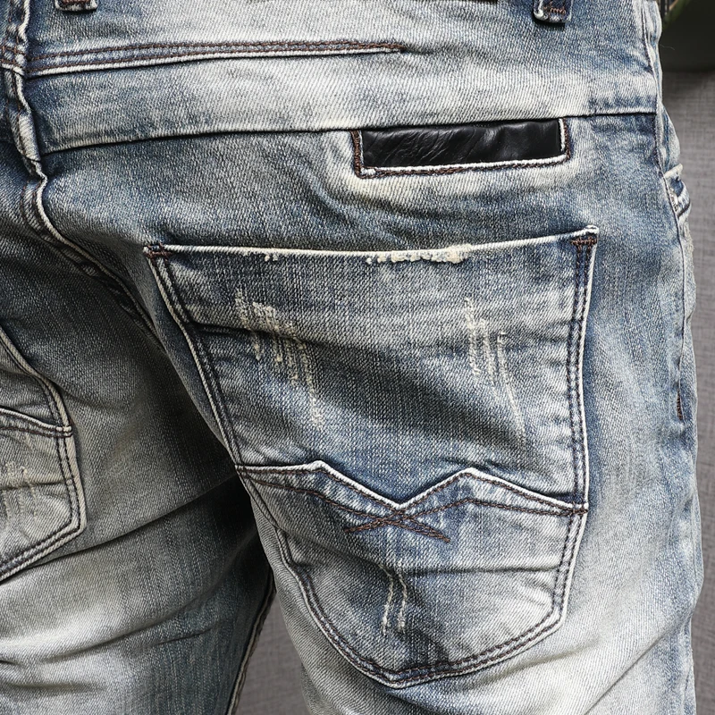 Summer Men's Light Blue Ripped Jeans Vintage Casual Cotton Stretch Slim Fit Denim Pants