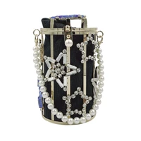 crystal rhinestones star evening clutch bag luxury round pearl hollow out purse ladies chain circular small handbag high quality
