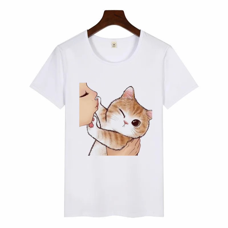 Женская футболка с принтом кошки забавная летняя в Корейском стиле Харадзюку 90 х