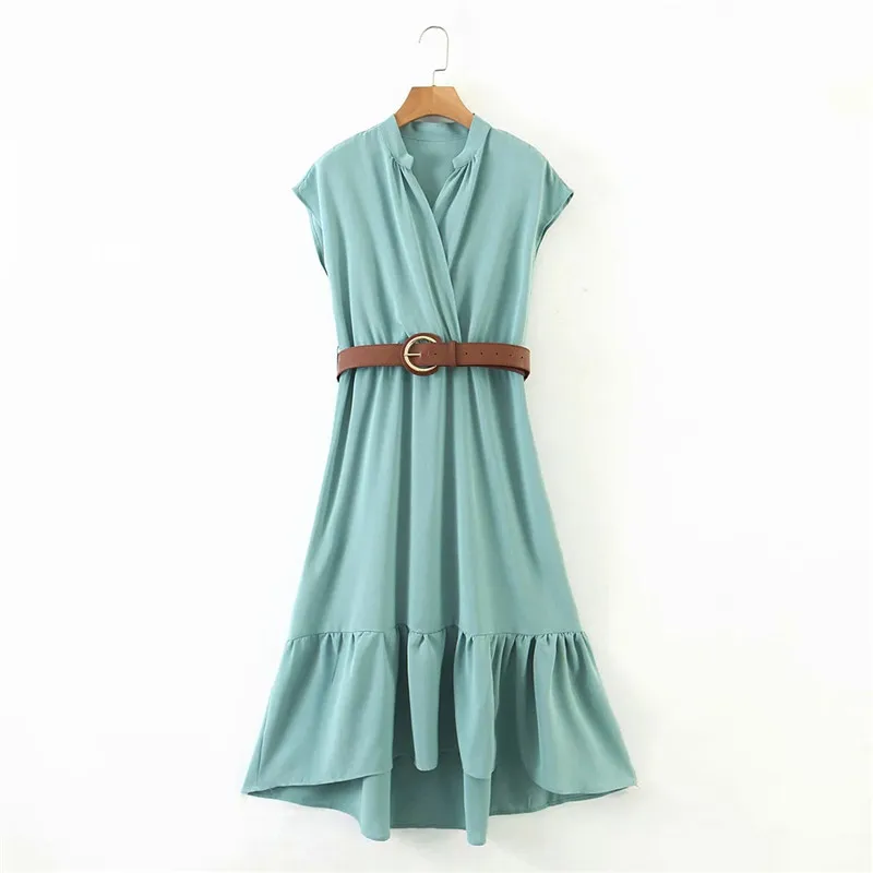 

2020 women high waist short sleeve blue za long dresses with blet female summer autumn v-neck pleated dress femme