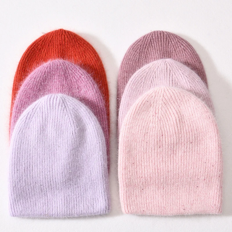 2023 New Sequined Rabbit Fur Beanies Hat For Women Fashion Winter Hat Solid Color Beanies Female Warm Soft Skullies Bonnet Gift