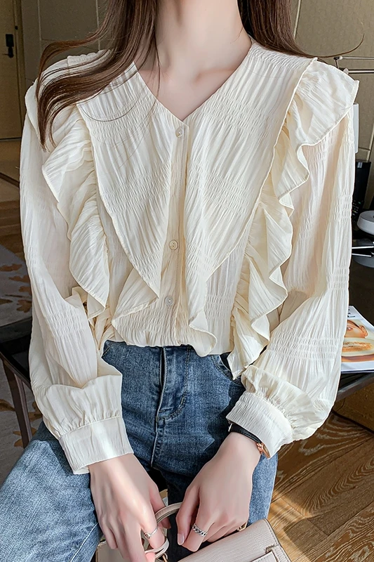 

COIGARSAM Ruffles blouse women New Full Sleeve Chiffon blusas womens tops and blouses Apricot 6036