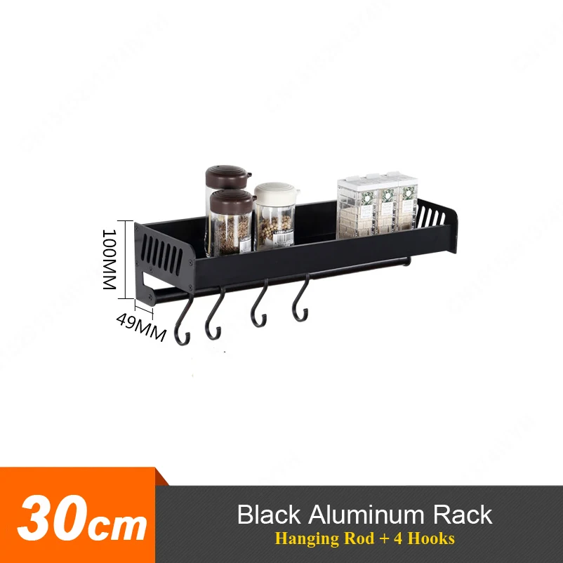 B-30cm Rack-Rod Многофункциональный кухонный держатель настенная кухонная стойка для Хранения Алюминиевая приправа банка Кастер Полка золотой черный кухонные аксессуары - Цвет: B-30cm Rack-Rod