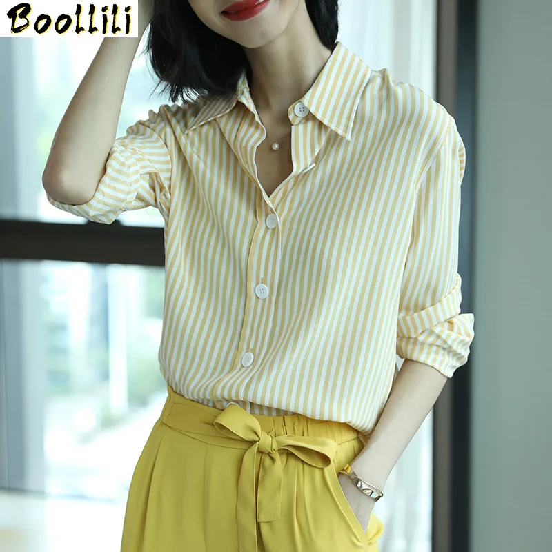 Boollili Real Silk Shirt Women Korean Stripped Women Blouses Spring Autumn Office Lady Shirts Blusas Mujer De Moda 2020