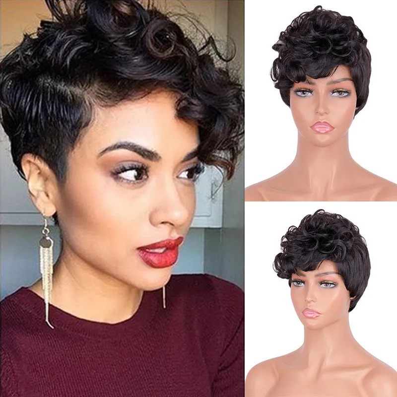 

Women Short Black Brown Wavy Curly Wig Synthetic Wig With Bang For Women Daily Paert Use Heat Resistant Fiber Nature Looking Wig