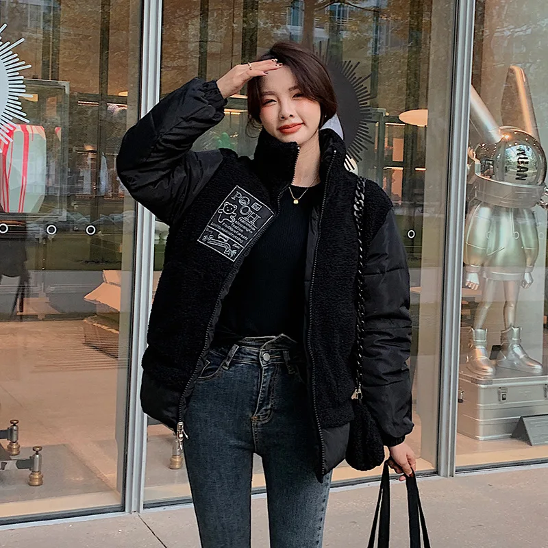 2021 Winter Short Down Padded Jacket Women Stand-up Collar Casual Winter Outwear Jacket Parkas Lamb Hair Stitching Warm Coat