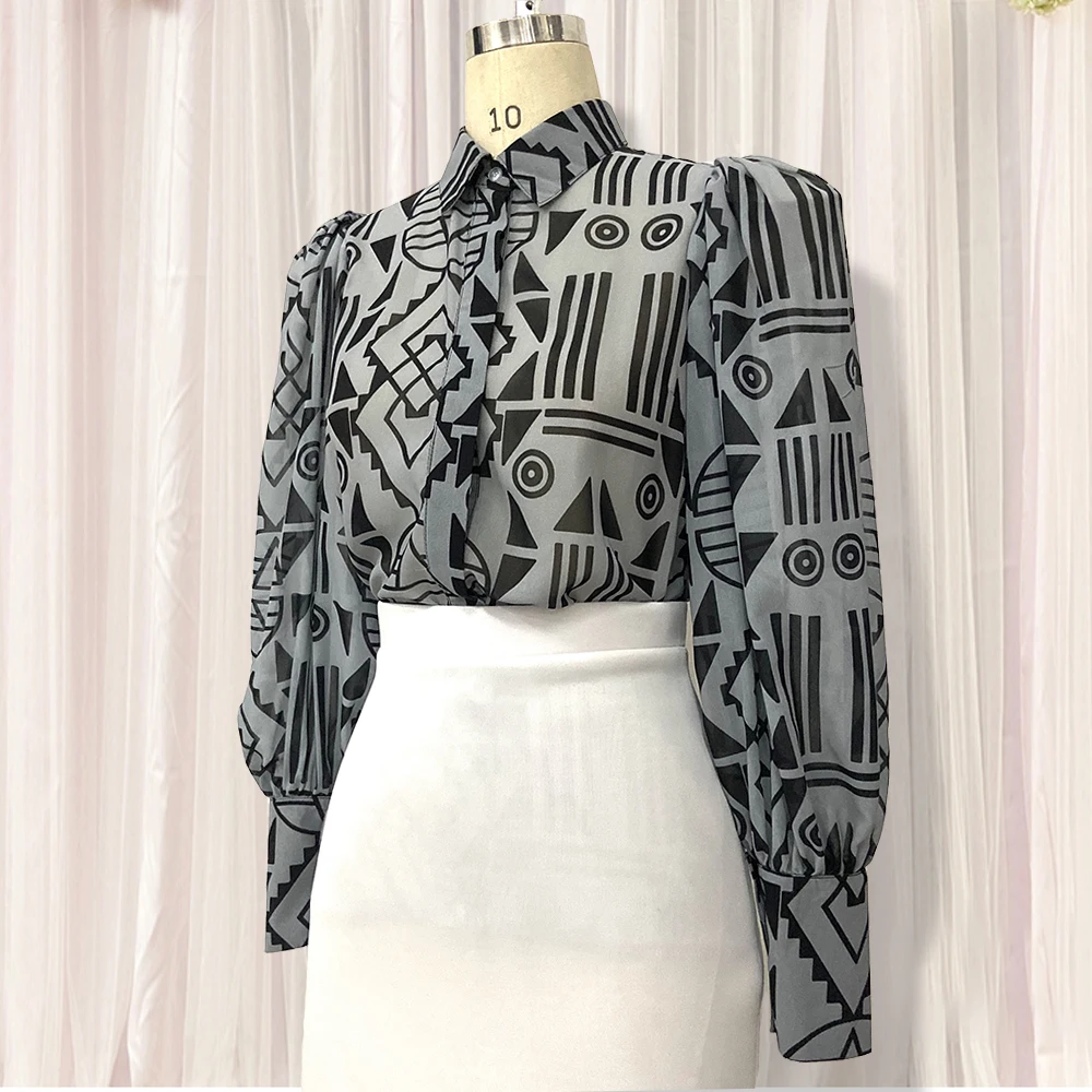 Сексуальная шифоновая черная блузка с принтом прозрачные топы Bluas Puff длинным