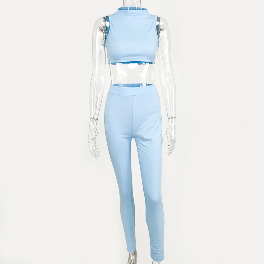 

Tracksuits Crop Top Women Joggers Two Piece Set Tank Top Sleeveless Elastic Long Pants 2 Piece Set Women Streetwear Solid Color