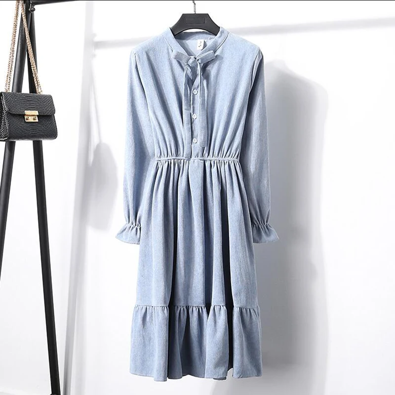 2019 Autumn Vintage Corduroy Dress Women Elastic Waist Solid color Plus Size Dresses Elegant Party Long Sleeve Vestidos | Женская одежда