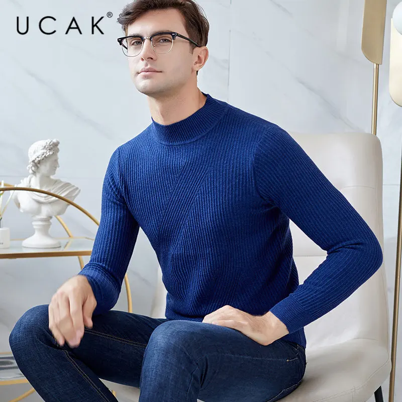UCAK бренд мериносовой шерстяной мужской свитер уличная Slim Fit Pull Homme Осень Зима Водолазка свитера кашемировый пуловер для мужчин U3046