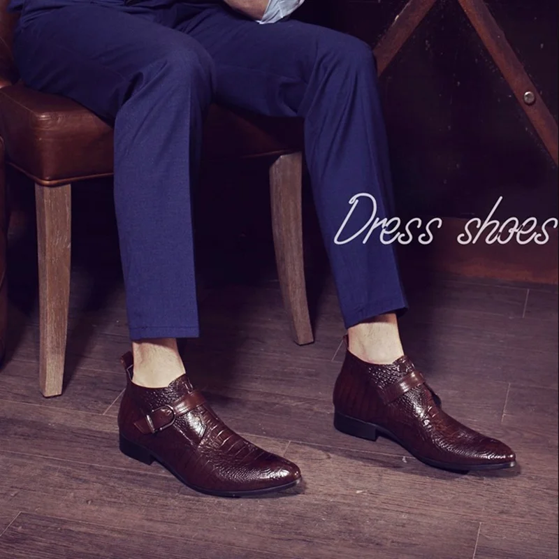 

OMDE New Alligator Pattern Genuine Leather Men Dress Formal Shoes Business Cow Leather Men's Ankle Boots Straps Wedding Shoes