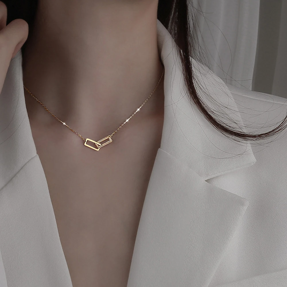 

925 Sterling Silver Shiny Rectangle Double Zircon Circle Cz Zirconia Necklaces Pendants Gift For Girl Choker Gift New Fashion