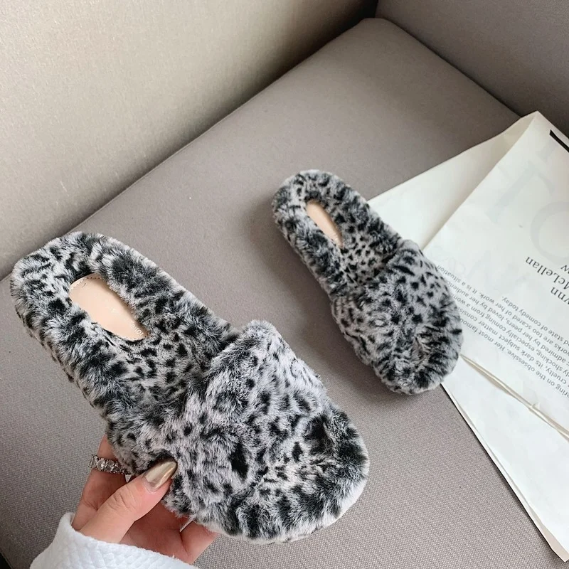 

Female Cotton Slippers 2021 Autumn Women's Winter Lambswool Flat Furry Slippers Mink Fur Home Half Slippers Leopard Flat Shoes