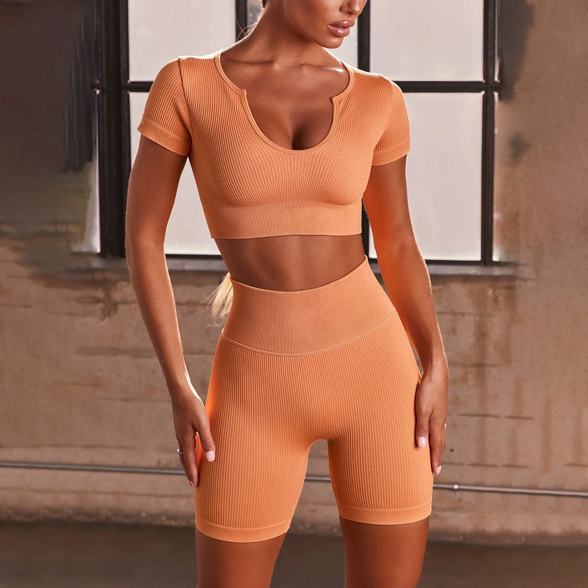 

New Leggings 2021 Seamless Knitted Sexy Sports Short-Sleeved Shorts Yoga Wear Fitness Pants Suit Women's Leggings