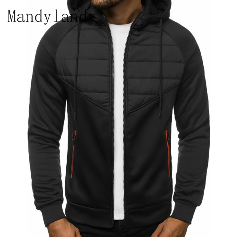 

Mandylandy Sweatshirt Jacket Autumn Long Sleeve Zipper Pocket Hooded Cardigan Sweatshirt Men Solid Color Slim Fit Patchwork Coat