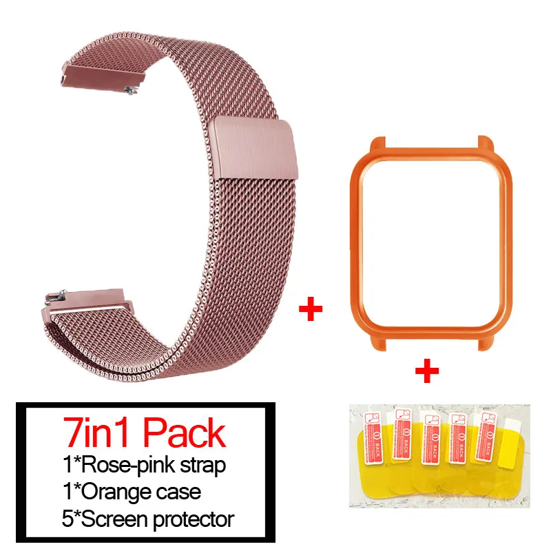 rose pink-orange 7в1 для Xiaomi Huami Amazfit ремешок bip браслет из Миланского нержавеющей стали Smartwatch Браслет Amazfit bip защитный чехол для экрана - Цвет: rose pink-orange