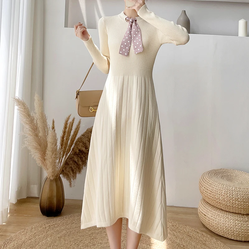 

New Mid-length Sweater with A-line Knitted Dress with Silk Scarf Real Shot Clothes 2021 Autumn Winter Dresses Length Style Type