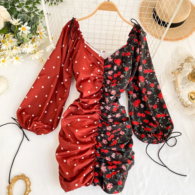 Женское плиссированное платье с цветочным принтом длинным рукавом фонариком и V