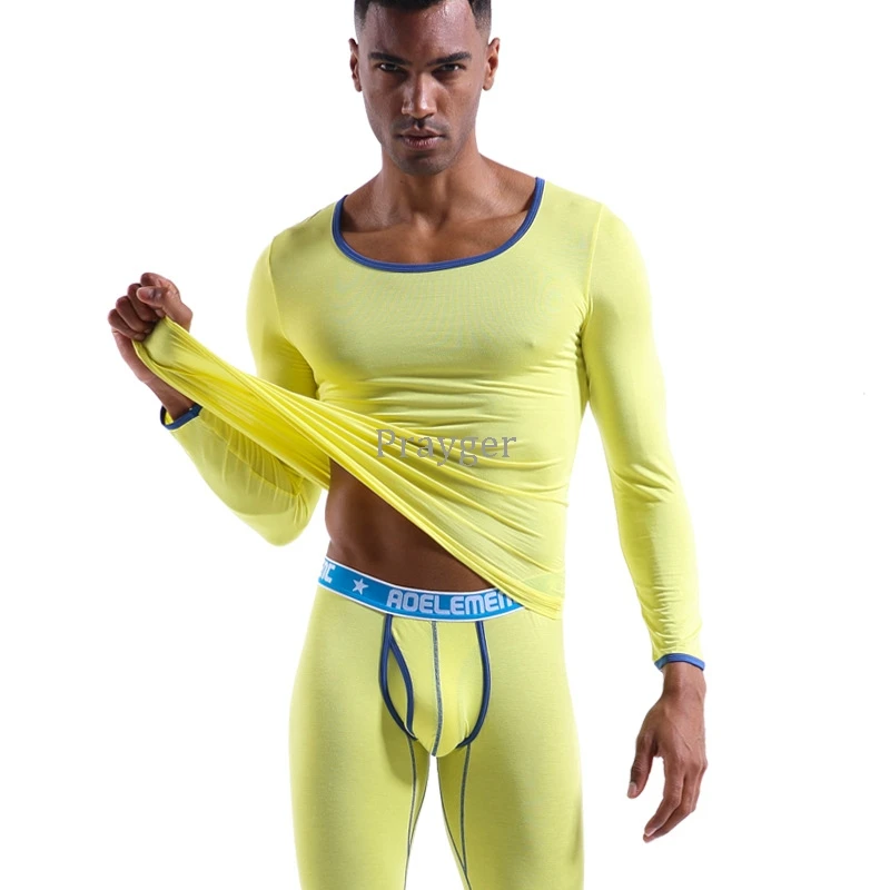 Men Thermal Underwear Long Jhons Basic Colorful Thermo Tops Buttoms Thin Clothes Sets