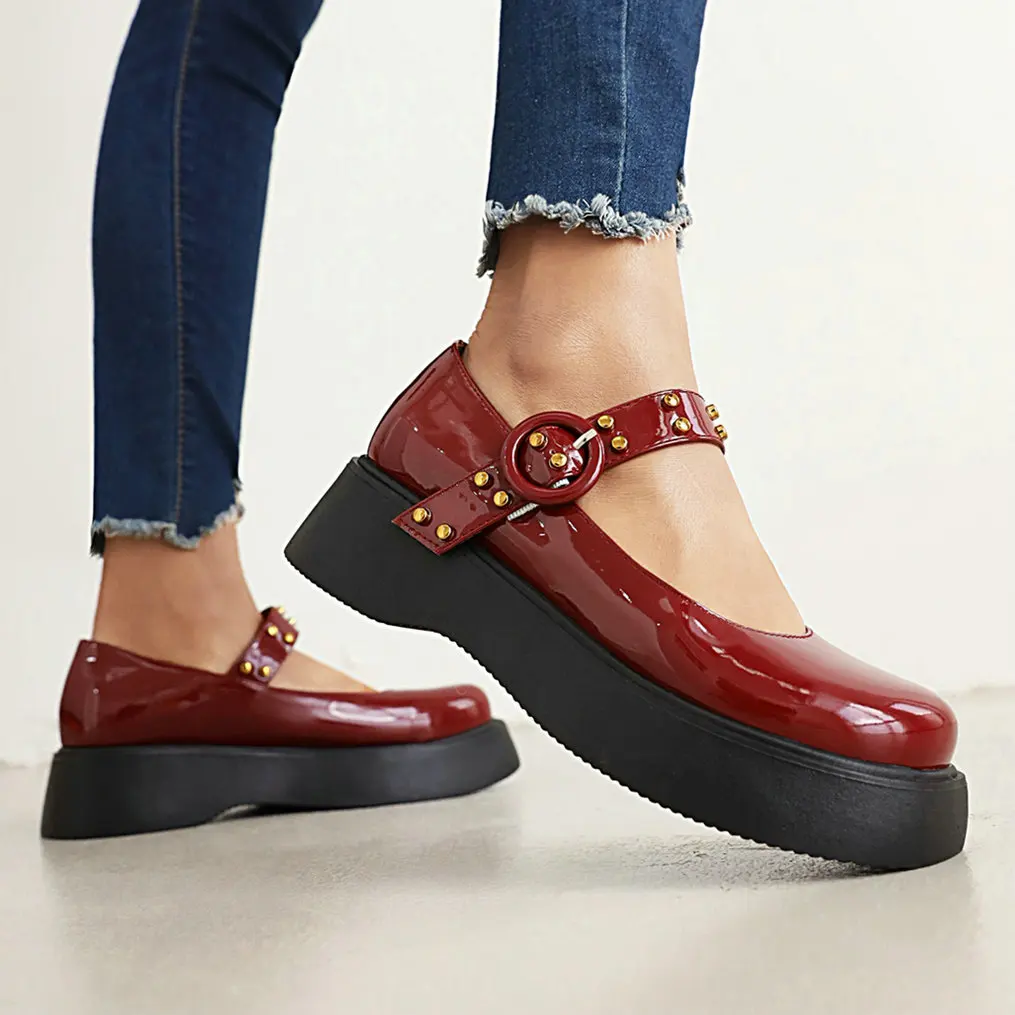Eokkar 2022 Women Black Shool Uniform Shoes for Girls Patent Leather Mary Janes Wedges Heel Buckle Japanese Shoes Casual Pumps
