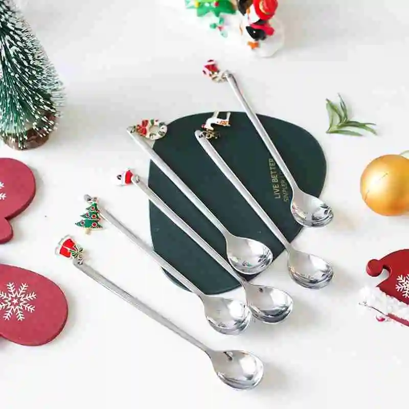 

6pcs Christmas Spoon New Year 2021 Xmas Party Table Ornaments Coffee Spoon Christmas Decorations for Home Navidad