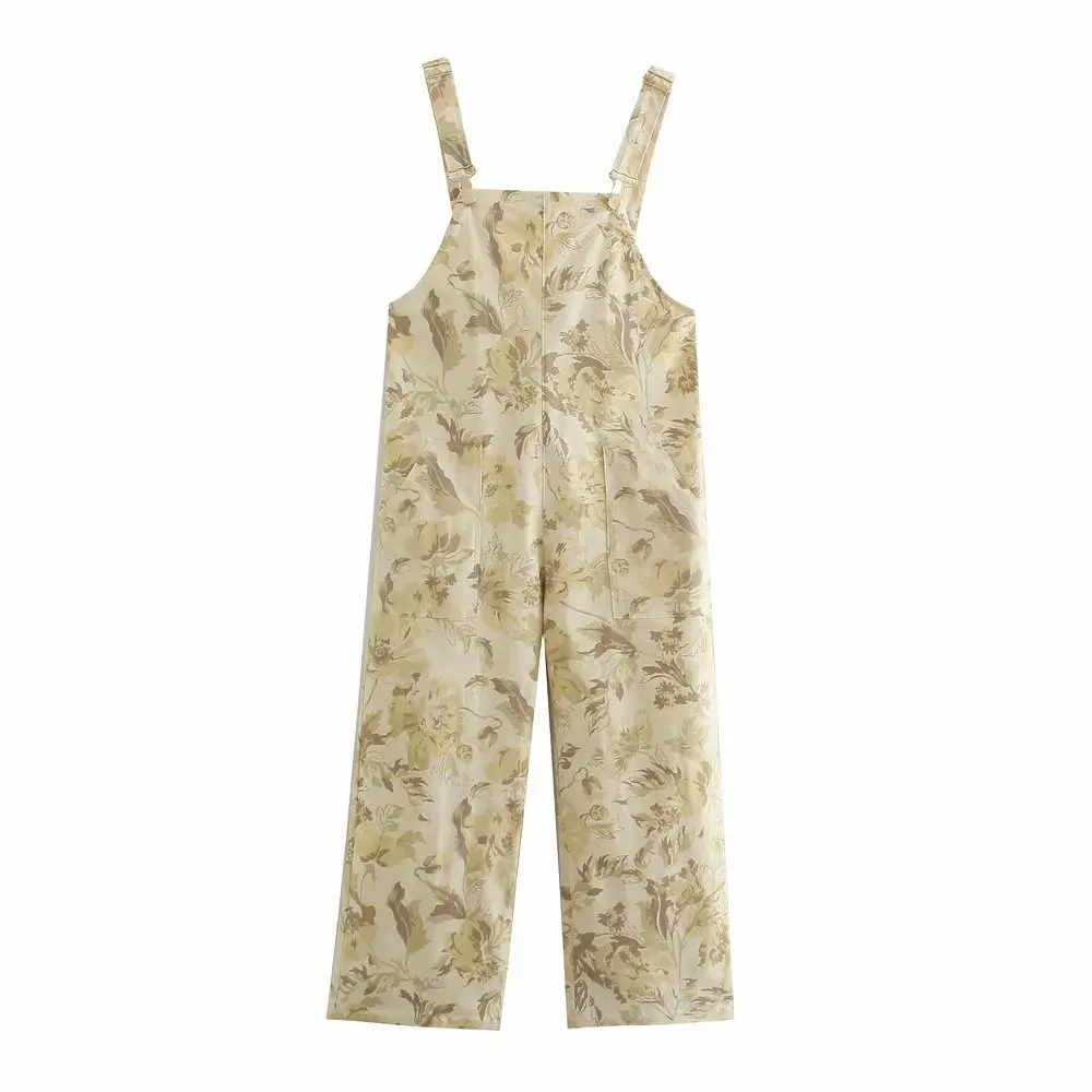 

KRSB 2021 Spring Autumn Women's Yellow Print Loose Overalls Pocket Design Trousers Jumpsuit Za Sweet And Cute French Style
