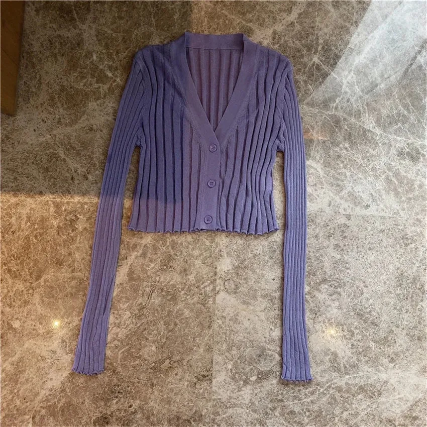 

Sexy V-neck Solid Cropped Cardigan Women Korean Autumn Long Sleeve Thin Ice Silk Knitted Sweaters Air Conditioner Sunscreen