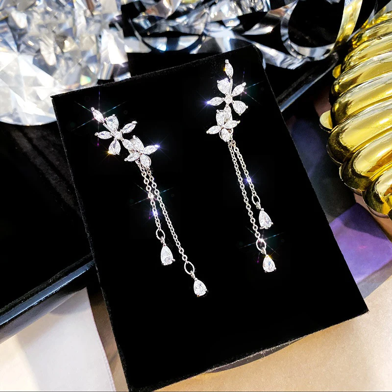 

Trendy Exquisite Plated Silver Crystal Flower Tassel Drop Earrings for Women Girl Jewelry Bling AAA Zircon S925 Silver Needle