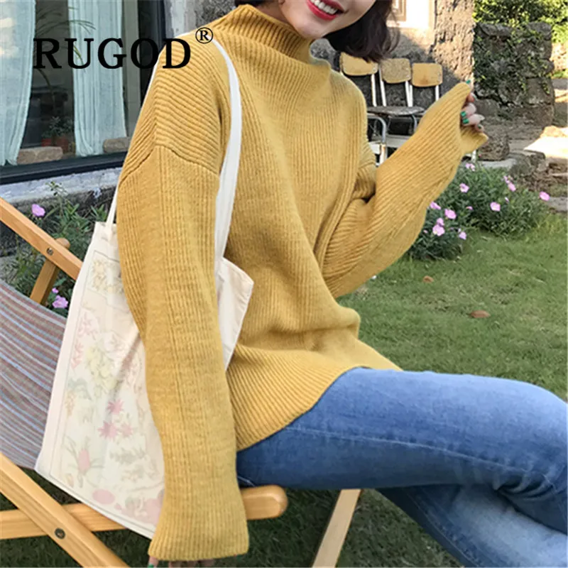 RUGOD korean solid basic sweater pullovers for women warm turtleneck loose thick knitted tops fashion casual pull female | Женская