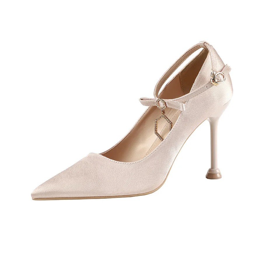 

2020 New Spring Women Ankle Strap Pumps High Thin Heels Pointed Toe Shallow Solid Crystal Buckle Sexy Ladies Women Shoes