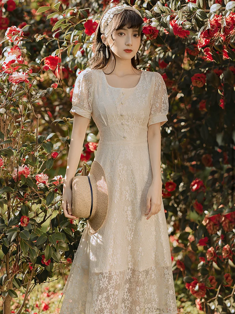 

Женское тонкое кружевное платье с пышными рукавами, кружевное ажурное платье с квадратным вырезом в стиле ретро, французское праздничное п...