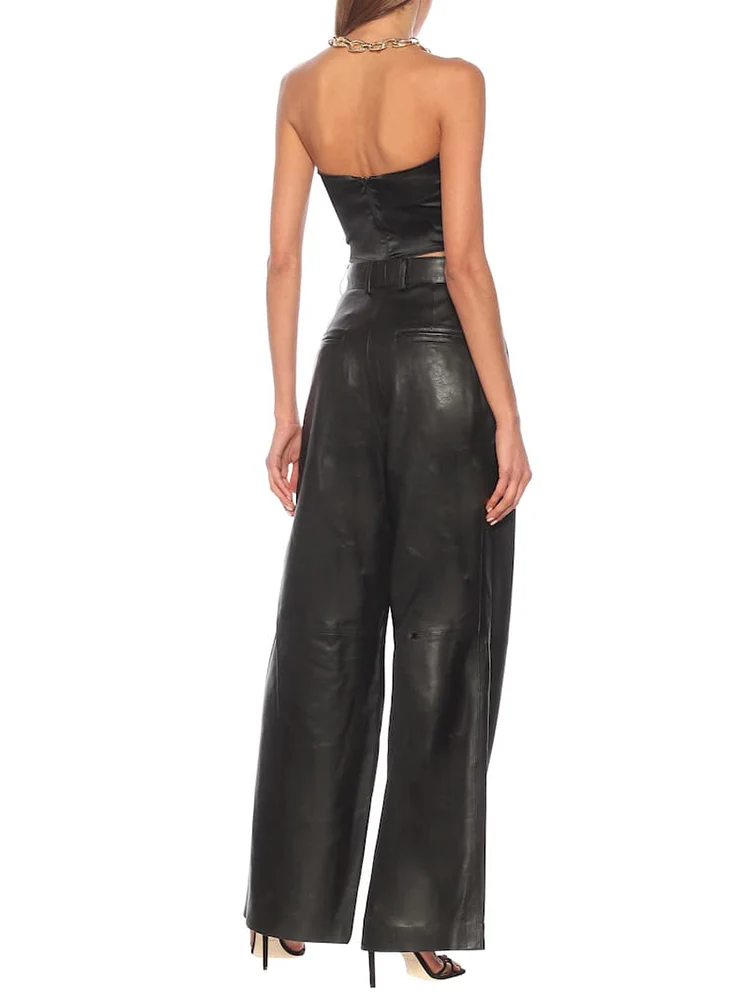 Sexy leaky shoulders leaky back satin pleated waist waist metal chain hanging neck sling Ladies summer new fashion all-match top