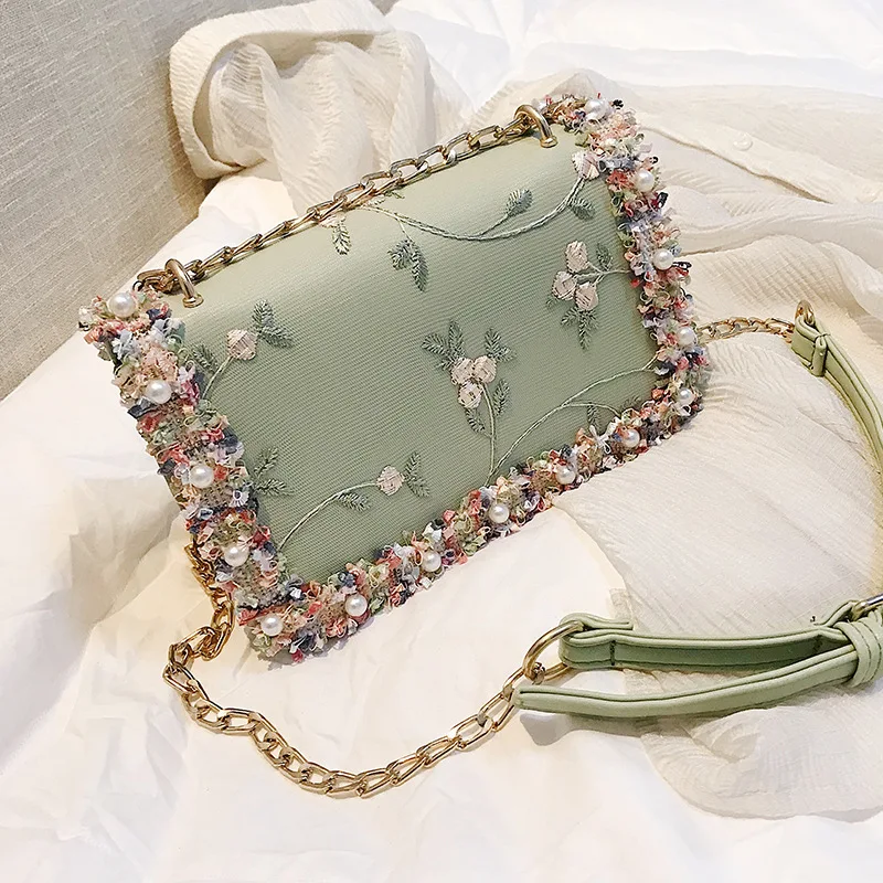 

Trendy Women Bag with Lace Flower Handbag PU Leather Chic Flower Pearl Girl Crossbody Bag Chain Shoulder Bags For female