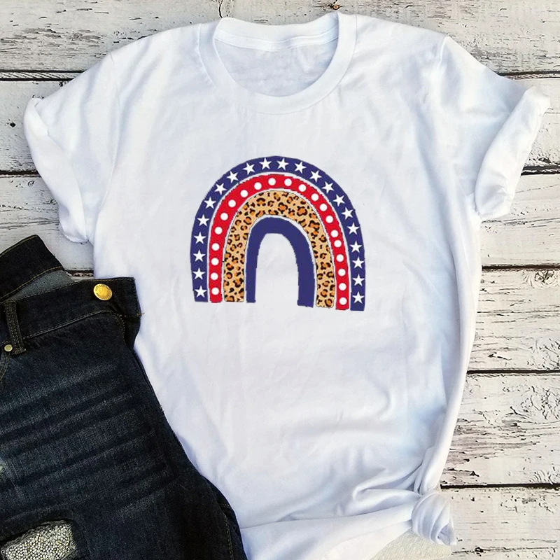 

4th of July Rainbow Shirt Leopard Print Boho Tshirt 2021 Fourth of July Graphic Tees American Rainbow Patriotic Tops Summer