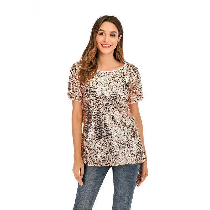 Women Fashion Ladies Stylish Solid Color Glitter Sequined Oblique Neck Short Sleeve Shirt Summer Casual Pullover Tops Blouse | Женская