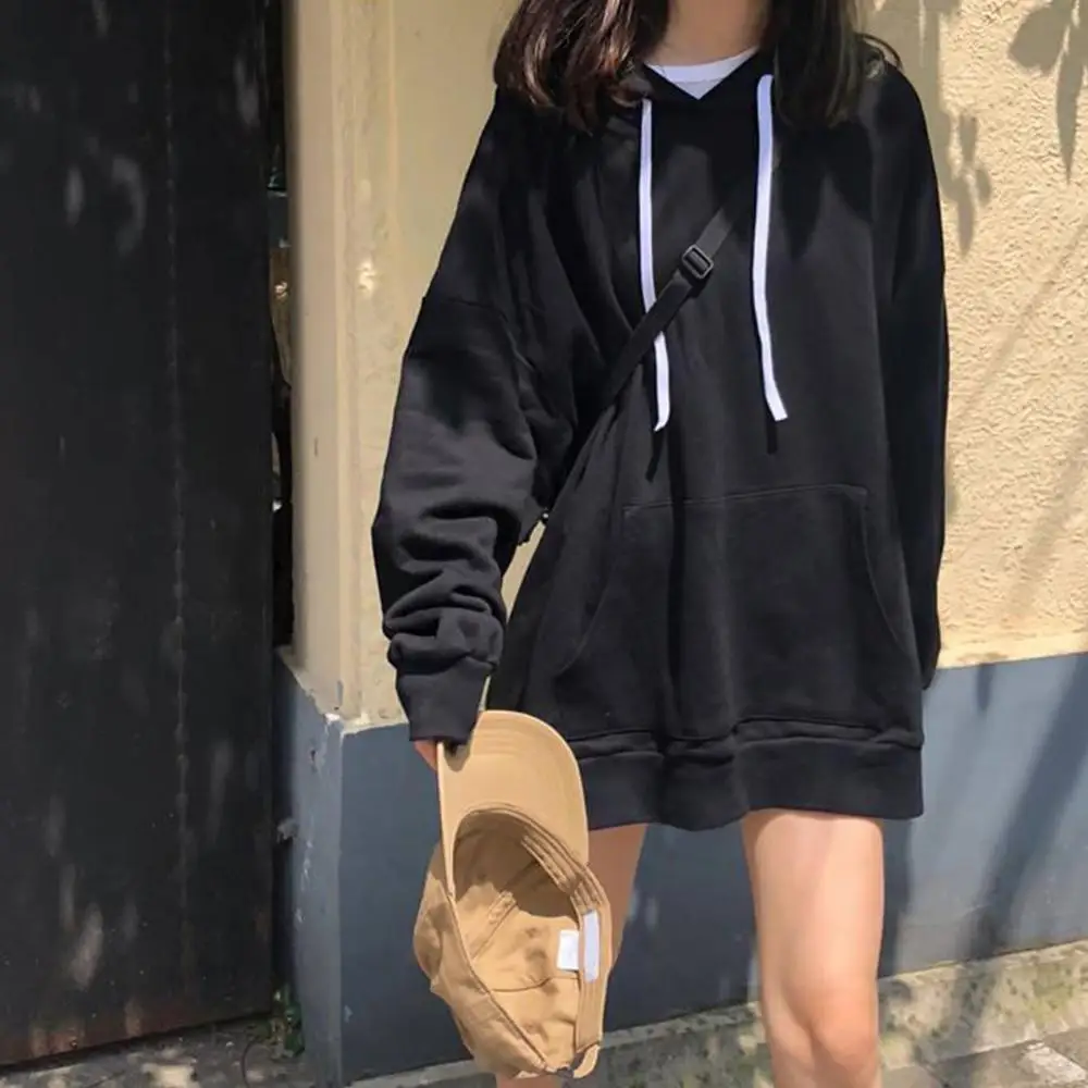 New 2021 Women Autumn Solid Color Pocket Mid-length Hoodie Long Sleeve Loose Sweatshirt