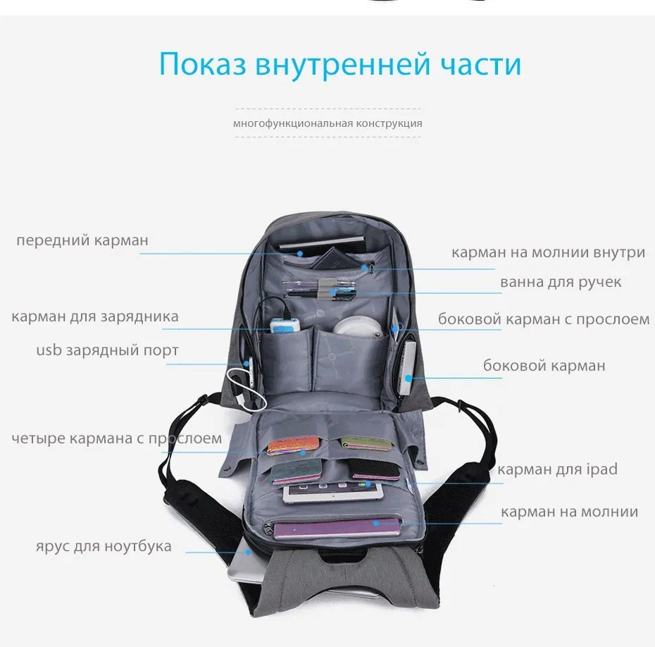 Портативный USB-порт для зарядки Tigernu Business Men Подходит для 15.6-дюймового ноутбука Портативная школьная сумка с водонепроницаемым чехлом от дождя