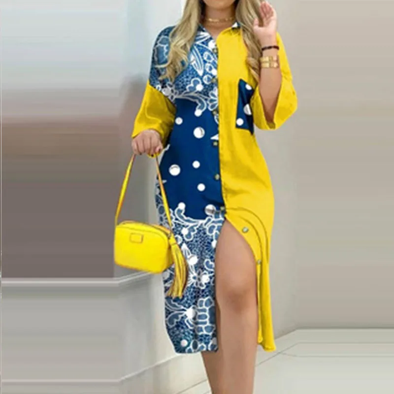 

Women Hit Color Patchwork Shirt Dress Summer 3/4 Sleeve Turn-Down Collar Pocket Dresses Ladies Print Button Long Party Dresses