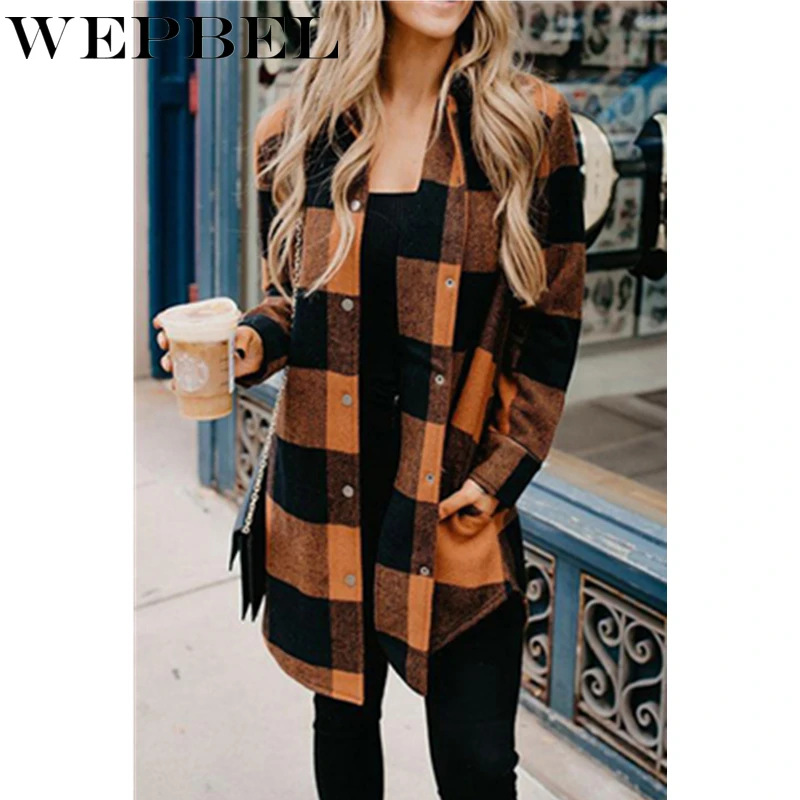 

WEPBEL Women Autumn Woolen Plaid Jacket Ladies Elegant Long Sleeve Single Breasted Turn Down Collar Long Coat