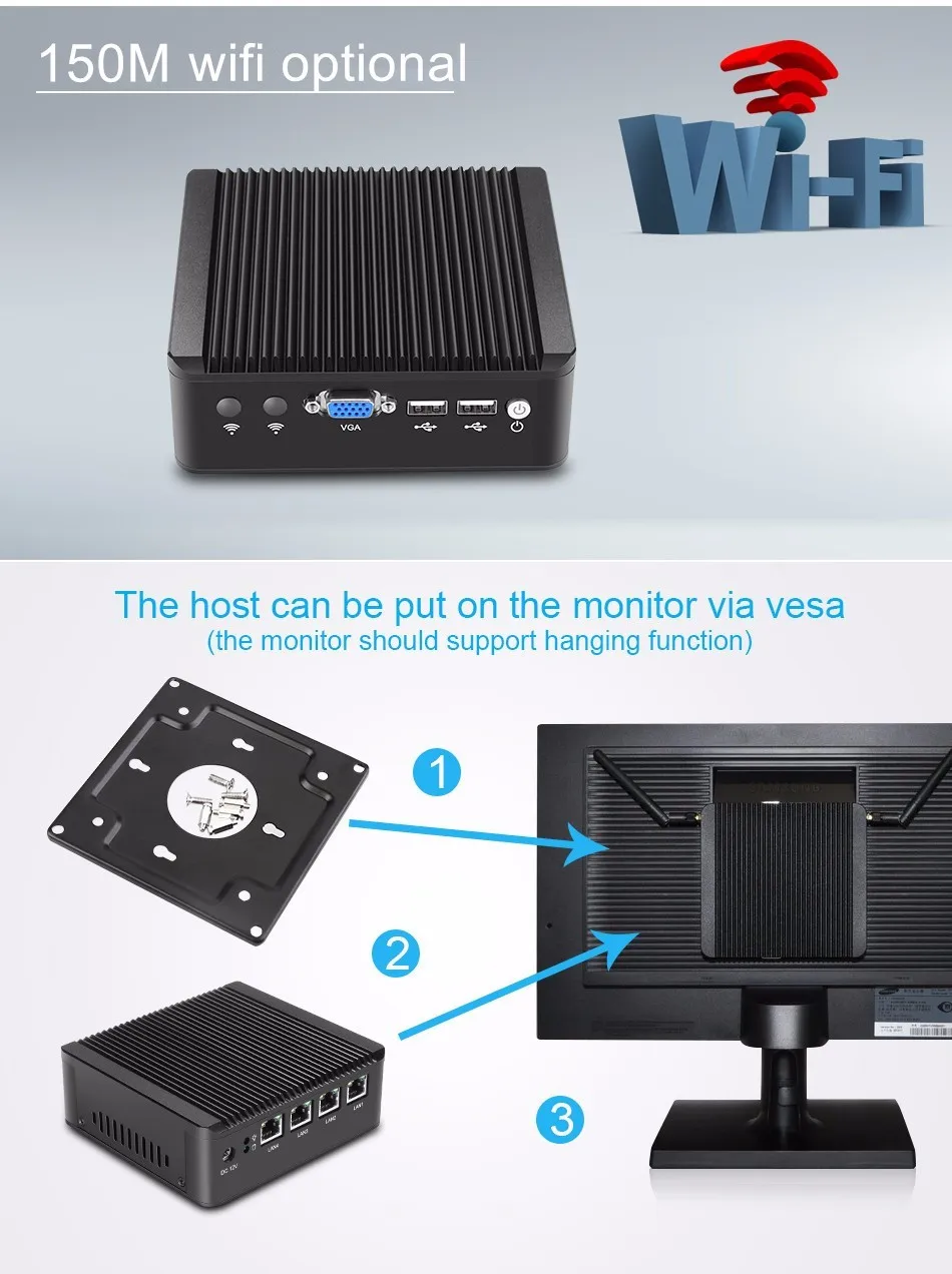 Pfsense мини ПК intel Celeron J1900 VGA часы собака брандмауэр промышленный безвентиляторный мини ПК 4* RJ45 1000 Мбит/с мульти LAN