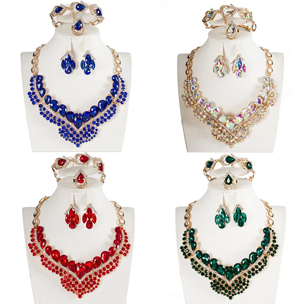 

Свадебные ювелирные изделия набор из кристального ожерелья, серьги, браслет, кольцо классический капли воды для женщин Свадебные украшения Аксессуары