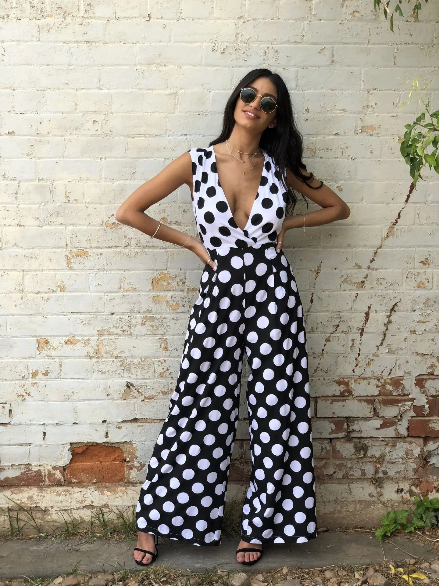 

New women's polka dot printing deep V-neck sleeveless wide-leg trousers jumpsuit