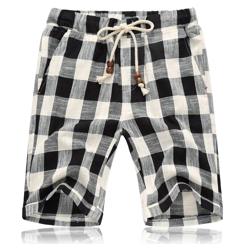 

2021 Summer New Cotton Linen Casual Shorts Men Grid Hot Mens Bermudas Shorts Comfortable Male Beach Shorts