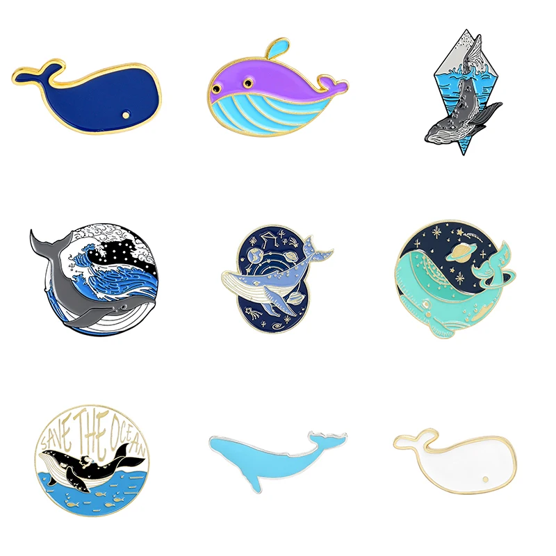 

Cartoon Whale Series Enamel Pins Custom Wholesale Save The Ocean Brooches Bag Lapel Pin Animal Badge Jewelry Gift for Friends