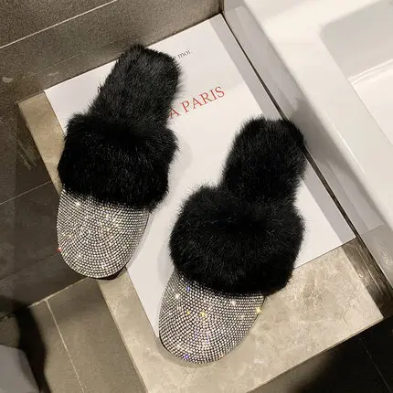 

Furry slippers women 2021 autumn and winter new fashion rhinestone Baotou flat large size Muller slippers