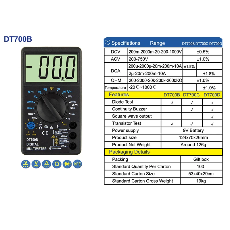

DT700B Digital Multimeter AC/DC Voltmeter Ammeter Ohmmeter Tester Electrical Portable Tools Multimeter Tester Pen New