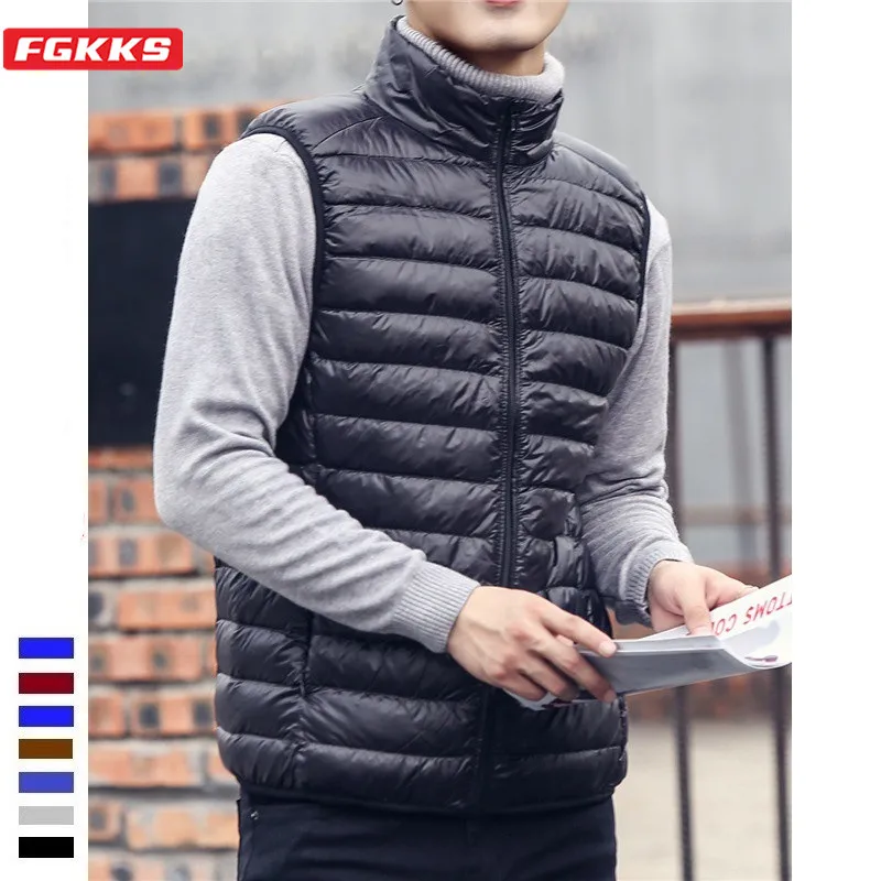 

FGKKS модные брендовые Мужской легкий пуховой жилет, осенний Новый мужской белый жилет на утином пуху, повседневный жилет без рукавов, пальто ...